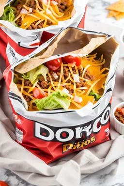 "Taco in a Bag" which consists of an open Doritos chip bag with sides rolled down, containing Doritos chips and cooked ground beef and lettuce and shredded cheese and chopped tomato pepper and onions and topped with more nacho chips, plastic fork, food blogger photography