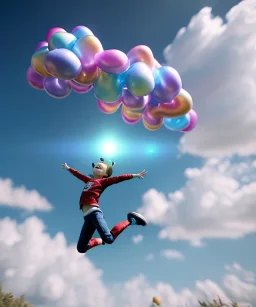 Ultra realistic clouds sky scene, medium shot view, portrait, sweet Childs, free jumping flying, trinkets, monster hair, jelly beans, balls, smile, happy, Peter Pan style, inflatable color clothing, extreme, wind, clouds sea, 20,000 feet altitude, stratosphere, soft color, highly detailed, unreal engine 5, ray tracing, RTX, lumen lighting, ultra detail, volumetric lighting, 3d, finely drawn, high definition, high resolution.