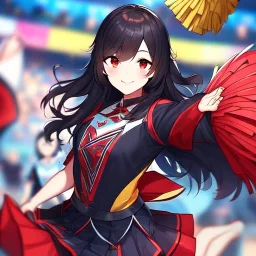 Clear focus, High resolution, long black fluffy hair, red eyes, chopped bangs, wearing a cheerleading outfit, jumping, wearing a skirt, legs together, smiling, Extreme Close up of eyes