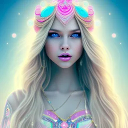 beautiful, soft, big smile face, whole head, long straight blonde hair blues eyes, crown on the head, clothing in transparent bluish and pink veil, background brillante bluish and pink, hight definition, 8K