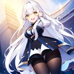 girl, masterpiece, best quality, volumetric lighting, detailed outfit, perfect eyes, white hair, golden eyes, long hair, black stockings, laughing,