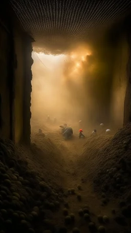 view from inside a trench from the first world war, flying debris, smoke and ash, screams and agitation, despair, scaping soccer players, broken soccer balls, in the style of jasper johns