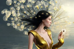 A skinny woman with black hair, in a gold and black android suit, standing, looking out over a lake, with flying dandelion heads with octopus tentacles, with tall narrow cloud trees in the distance