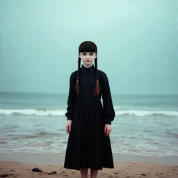 Wednesday addams on the beach, with bangs and braids, autochrome, liminal atmosphere, its raining