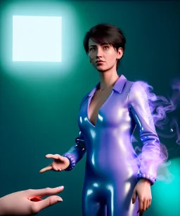 Ultra Realistic image, photo studio, medium shot view, a woman making the fuck off gesture with his finger, blue smoke coming out of his nose and mouth, happy. Latex inflatable coat, soft color, highly detailed, unreal engine 5, ray tracing, RTX, lumen lighting, ultra detail, volumetric lighting, finely drawn, high definition, high resolution.