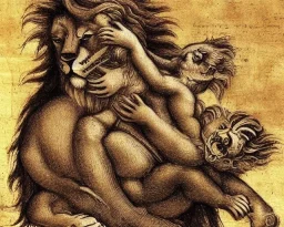 lion in space hugging mozart by leonardo de vinci