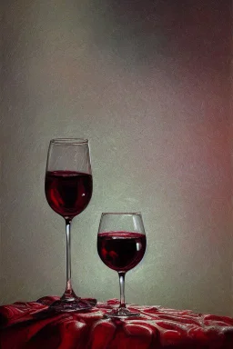 Wine drops from a fork looking down into a red wine glass in which a beautiful woman bathes on a modern kitchen counter, on embroidered lace, Hyper realistic, oil on canvas award winning fantastic view ultra detailed acrylic art Ultra realistic Impressionism Surrealism simen johan, sharp focus intricate oil on canvas cinematic lighting photorealistic high detail ultra detailed crisp quality in sunshine