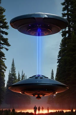 a bunch of school kids see ufo flying over tall pine trees, concept art, by Asaf Hanuka, by Weta Digital, Electric Colors, Screen Space Global Illumination, in a symbolic and meaningful style, the craft has flat bottom,3 large lights underneath ufo glow with intense fury,
