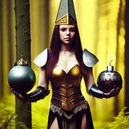 portrait cute female gladiator in gown and witch hat, holding big black metal ornament symbol, in blurry golden forest