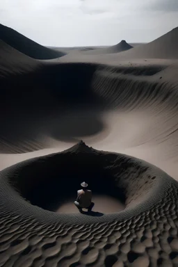 plano frontal de un hombre sentado en un cráter desierto aguardando el temblor