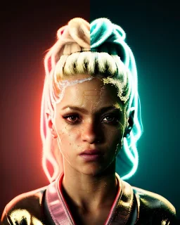 portrait, Shakira, blonde artist, angry, Realistic image, MMA robe, hoodie, mma gloves, fight pose, make-up make-up, gold line make-up, moisture, sweat, fog, goddess, Neon colors, leds. Black background, photo studio, concept art, smooth, unreal engine 5, god lights, ray tracing, RTX, lumen lighting, ultra detail, volumetric lighting, 3d, finely drawn, high definition, 4k.