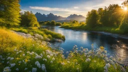 desktop wallpaper ,Germany,country side wavy Reine river ,wild flowers,trees ,blue sky nice clouds,golden hour