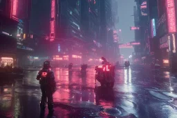 3D, beautiful, light reflecting, empty future city at night, rainy night, neon, cyberpunk, tron, person with helmet walking