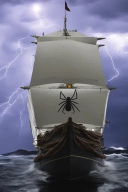 Ship front view with a Spider figurehead at night in a storm with giant waves