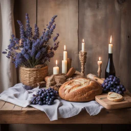 delicate arrangement on an old wooden table with a linen tablecloth, a freshly baked sourdough bread on a round cutting board, a tall cloth-covered basket with 2 French flutes, a wicker basket bouquet of dried lavenders, a 3-armed candelabra with candles, 2 bottles of red wine with corks, a cutting board with delicious cheeses, walnuts and blue grapes and crackers, fir cones lying sporadically, a red wine glass half filled with wine, 2 block lights give a cozy atmosphere,