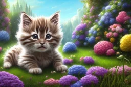 pixar style, volumetric garden environment and background, realistic painting of a cute tabby kitten laying on the ground, pelt art, detailed digital painting, extreme dense and fine fur, anime, ornate, dynamic, colour-washed colors, intricate, elegant, small minutiae, tiny features, particulars, highly detailed, centered, smooth, sharp focus, renderman gofur render, 8k, uhd, detailed eyes, realistic shaded volumetric lighting, sunlight caustics, centered camera view, furiously art by sam curry