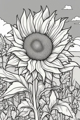 flowers coloring page for kids, sunflower, cartoon style, thick outline, low details, no shading, no color