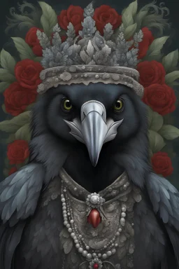 full portrait of a black and grey crow. close to nature. the crow has just one single eye. the head is complete. the beak is complete. textured detailed feathers adorned with rococo style green and black, diamond headdress, ruby-red florals, extremely detailed, hyperrealistic, maximálist concept art. vivid and sparkling light