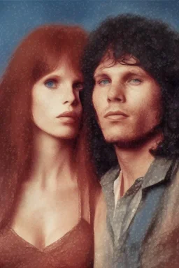 Jim Morrison and Pamela Courson ,music, NSFW, watermark, bohemian style , blurry,beautiful faces,elegant,roses, fantasy by anni dittman