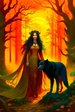 In the heart of a dense and enigmatic forest with towering ancient trees cloaked in yellow and amber foliage stood a bewitching sorceress possessing an ethereal allure her lustrous hair cascading in ebony waves down to her slender waist that turns into roots In the background a faithful companion a majestic canine of Belgian shepherd lineage roamed at her side its eyes illuminated by an otherworldly crimson glow exuding an aura both mysterious and demonic