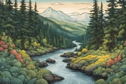 a cartoon illustration of a lush Pacific Northwest forested river valley landscape in the pale light of dawn, in the cartoon style of Lynda Barry , vibrant natural colors, with fine ink outlining, museum quality masterpiece