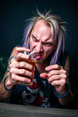 A very angry and bitter punk rocker tries to drink through a paper straw and gets angry