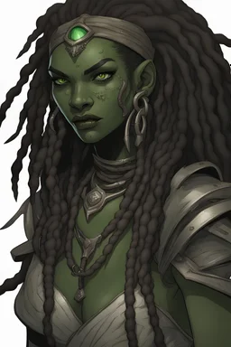 dungeons and dragons character portrait of a beast human female warrior with black skin, dreadlocks, thick eyebrows, big fangs and green eyes.