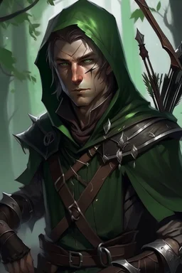 35 year old male rogue elf, thief assassin, messy mauve hair, bright green eyes, brown skin, black hood, black leather armor, messy, disheveled, trees, sneaky, bow and arrows, long and lean