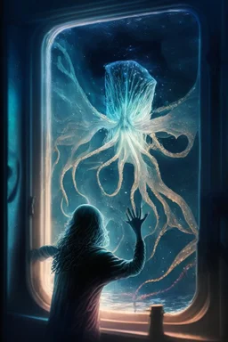 cthulu cutting window off patient , with background burning jellyfish angel star field seen in the window of a boat, 4 k, trending art, depth of field