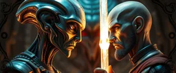 Close-up confrontation between an ancient alien outcast leader synth and a space broker, standing only a meter apart, intense eye contact, glowing crystalline rod between them, anger mixed with sadness, dramatic facial expressions, shallow depth of field, cinematic lighting, stylized 3D anime, airbrush painting, crisp outlines, , rembrandt , black swirly border with sacred geometry, characters drawn in front of border, eye tyrant beholder in blurred background