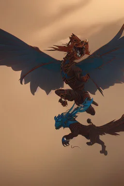 A flying tiger with wings is fighting with a dragon.