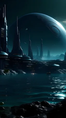 sci fi planet, alien city, ocean, dark