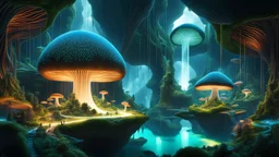 interconnected, floating islands,representing a different aspect of a fantastical world.linked by a complex network of glowing, organic strands.Some islands feature natural landscapes like forests and waterfalls, others have unique structures such as giant, hollowed-out mushroom as a library or crystal-encrusted cave.The strands vary in color, intensity, some pulsating light, suggesting living, breathing ecosystem. background dreamy gradient twilight colors serene magical atmosphere, detailed