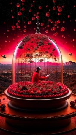 full shot of happy dandys eating cherries in a floating glass dome, dreamlike atmosphere, in the background the landscape burns like hell, in the style of Rafael di Sanzio