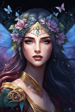 Burgundy hair, dark hair,dark red , rapunzel hair,very long hair,dark fairy princess,elven crown,night,dragonflies,beautiful,ong ashes,golden armor ,sparkle,night blooming,ivy,dark green,lilly of valley,golden elven crown,elven warrior,dark gold armor