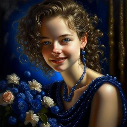 sweet, very fashionable girl, beautiful 20 years old, midnight blue beaded dress, pearl, flowers, light curls, curls, slicked back hair, sweet smile, olive bright eyes, perfect proportions, perfect face, perfect anatomy, perfect hands, sophisticated, backlight , atmospheric, oil painting, pastel pencil, volumetric hyperrealism, over-detailed, photorealistic, professional photography, high quality, clear focus playground