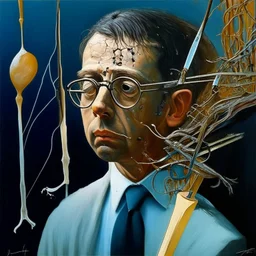 Abstract painting formed by a mix of human flesh-like surgical instruments and universe-like neuralink,strange musical instruments,minimalism,Painting By Adrian Ghenie, Rene Magritte, Salvador Dali, Lucian Freud