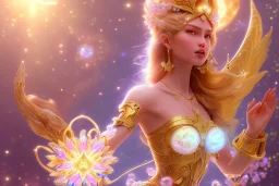 very beautiful crystal and gold goddess in a galactic ambiance, nice smiling, transparent petals, delicate colors, full of details, smooth, bright sunshine，soft light atmosphere, light effect，vaporwave colorful, concept art, smooth, extremely sharp detail, finely tuned detail, ultra high definition, 8 k, unreal engine 5, ultra sharp focus