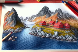 Colored pencil drawing, Very detailed, Drawing of the colorfull nature of Lofoten Island in Norway, with a characteristic red houses, Ultra Realisic