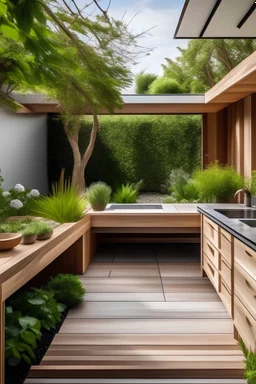 Cozinha minimalista, moderna, grande, chao madeira, jardim exterior