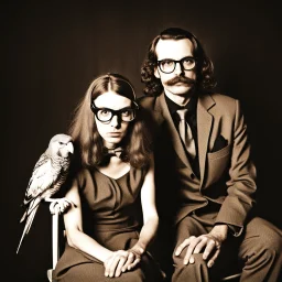 Awkward portrait Photo with a man and a woman with ugly glasses, 30 years old sitting on chair, serious look, long 1960 hair and mustasch, polaroid camera style, holding small budgies