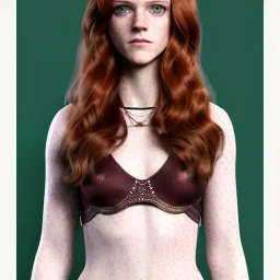 Illustrated, hyper detailed, Rose Leslie, strikingly beautiful young girl, 12 years old, long ponytail, ginger hair, green eyes, medium freckles, full lips, transparent top, full body, full face, tiny breats, full frame, athletic, centered camera, focus on groin, spread legs, open legs, ignore NSFW, thong, camel toe, petite