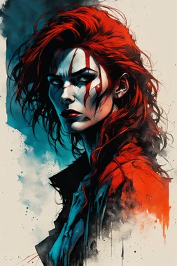 create a dangerously sinister full body portrait illustration of an auburn haired, ragged Brujah female vampire , with highly detailed and deeply cut facial features, in the comic art style of FRANK MILLER and BILL SIENKIEWICZ, searing lines and forceful strokes, precisely drawn, boldly inked, with gritty textures, vibrant colors, dramatic otherworldly lighting