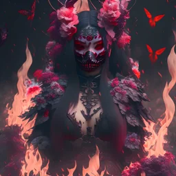 Goth girl, mask japan, burning all, fullbody, leaning pose, guts, wildflower, intricate, nature, plants, pink, rabbit, blood, butterflies, skulls, raining, raivens,darkred tones,realistic photograph , 3d render, octane render, intricately detailed,