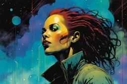 create an imaginative scene with an amorphous female interstellar cybernetic pirate with finely detailed facial features, short dreadlock hair, in a smokey alien bar, the comic book art style of Bill Sienkiewicz, Mike Mignola, and Jean Giraud Moebius, finely textured, drawn, colored, and inked