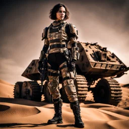 beautiful caucasian female soldier, black metal body and limbs, visible cybernetic limbs, scratched sand camo metal details, short brunette wavy bob haircut, dystopian, desert scene