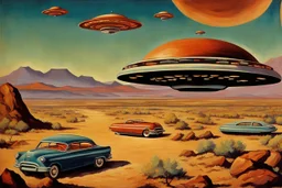 retrofuturism landscape with ufo in the sky, mountains, cars, rocks, 1950's sci-fi movies influence, henry luyten and ludwig dettman impressionism paintings