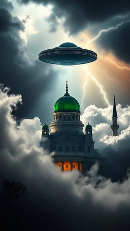 A ufo hovering above the White house hovering above swirling clouds, emerges from the heart of a raging storm. Turbulent winds of steam swirl around the iconic structure, lit by shafts of sunlight that cast dramatic shadows on the A large UFO spacecraft hovering over the White House surrounding clouds. A storm rages and thunder lights up the dark sky, yet the mosque remains calm and quiet, its green dome a beacon of peace in the midst of chaos.