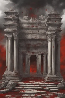 Broken temple with the floor covered in blood, detailed painting, sky of blood