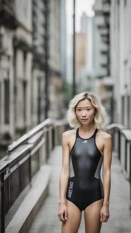 beautiful anorexic asian female, total shot, shiny silver triathlon swimsuit, short blond wavy bob hair, blurred city background